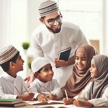 Smiling Quran teacher guiding children in a group study session to learn Quran online with joy and focus