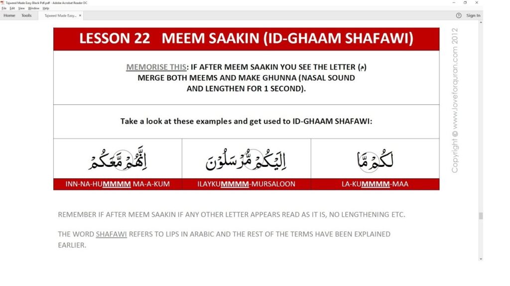 Rule #2 Meem Sakinah Rules – Idgham Shafawi (Merging)